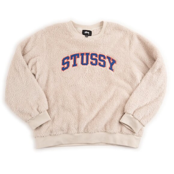 STUSSY Pilar cream logo sherpa fleece crewneck sweatshirt size M - Picture 1 of 8